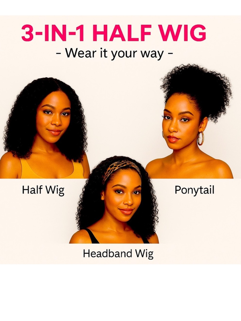 3-in-1 Half Wig - Black Curly Headband, Ponytail & Half-Wig